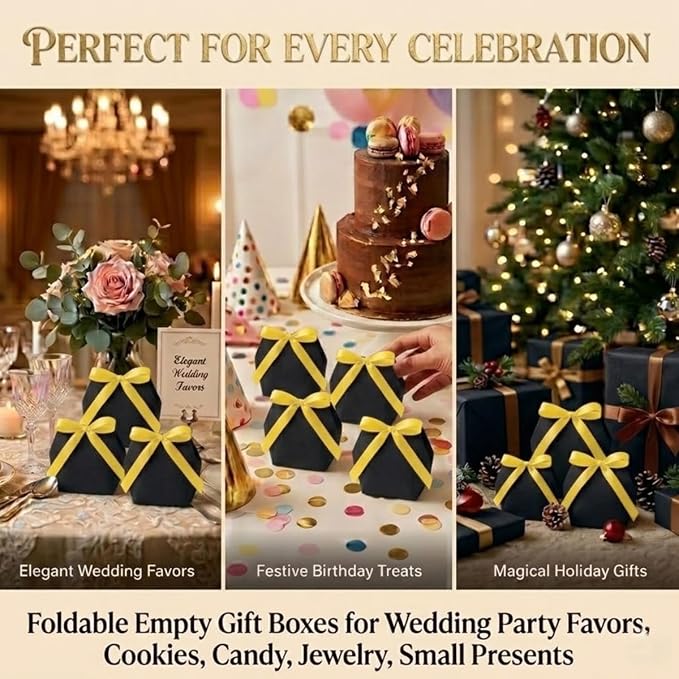 Rowcay Small Gift Boxes with Ribbons, 16 Pack Black Foldable Empty Gift Boxes for Wedding Party Favors, Cookies, Candy, Jewelry, Small Presents, Gift Packaging and Favor Displays