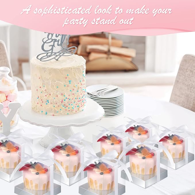 Thenshop 50 Pcs Clear Cupcake Boxes Individual 3.5 Inch Plastic Single Cupcake Containers Boxes with Inserts and Ribbon Individual Cake Storage Holders for Cake Kitchen(Silver)