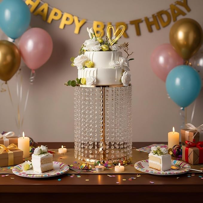 Wedding Cake Stand for Dessert Table 12 Inch Gold Crystal Pendants Metal Cake Stand Serves as A Round Dessert Cupcake Display Plate 16 Inch Tall (Gold)