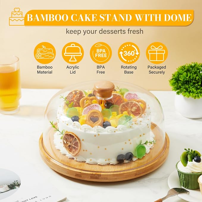 Rotating Cake Stand with Lid, 12'' Wood Food Plate with Cover, Serving Tray, Fruit Platter, Salad Bowl, Dessert Table Display & Acrylic Cake Dome Cover for Party