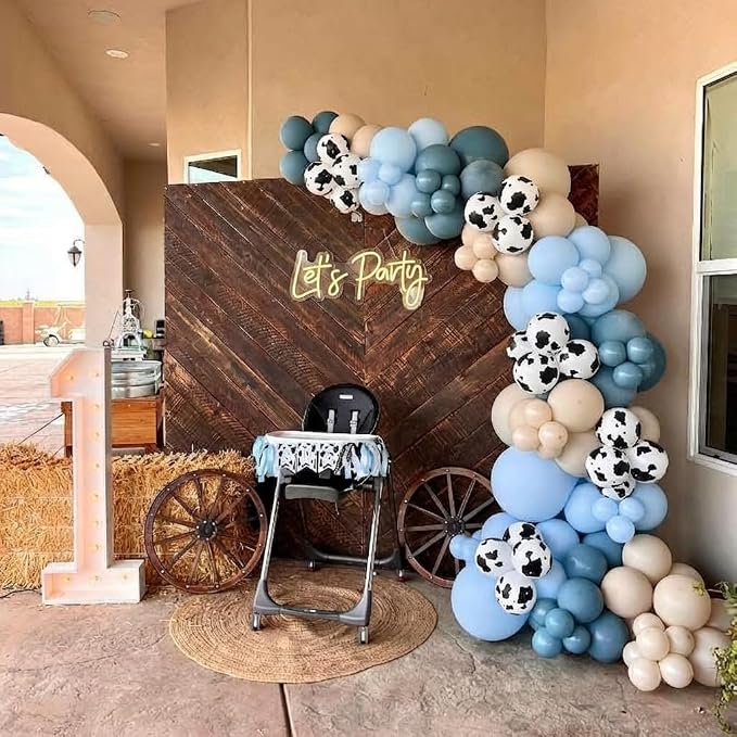 Cowboy Balloons Garland Arch Kit - 5 10 12 18 inch Brown Slate Blue Dusty Blue Sand White Cow Print Balloons for Anniversary, Baby Shower, Birthday, Farm, Western, Cowboy Party Decoration