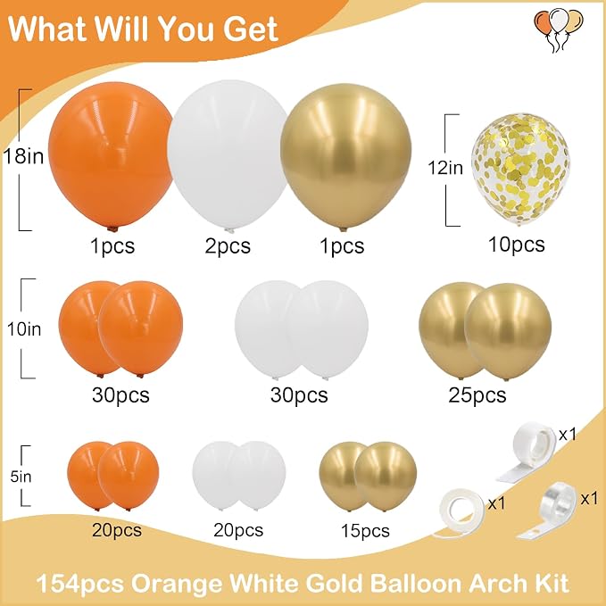 Orange and White Balloons Garland Arch Kit 154pcs Orange White Metallic Gold and Confetti Balloons for Thanksgiving Birthday Graduation Baby Shower Wedding Party Decorations