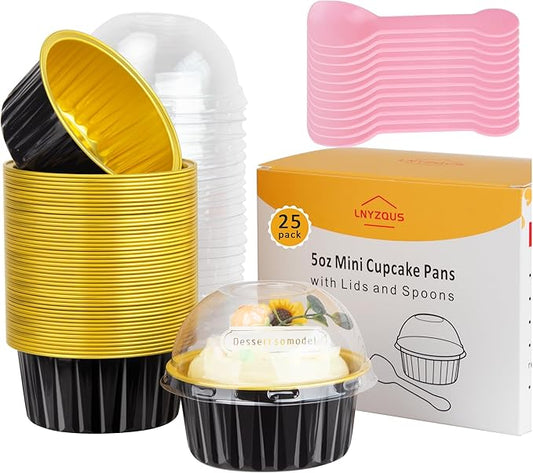 5oz Cupcake Pans with Lids 25 Pack, Foil Baking Cups Disposable Muffin Tin Aluminum Mini Cake Pans Creme Brulee Ramekins Cupcake Containers Liners for Holiday Baking-Black