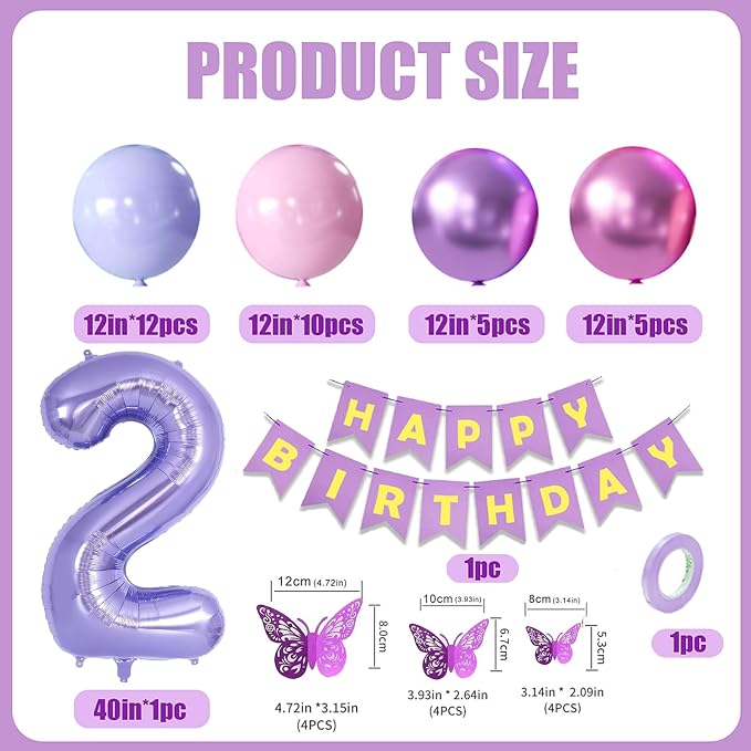 2nd Birthday Decorations for Girl -12 inch Purple Pink Balloons, 40 Inch Purple 2 Balloon,3D Butterflies Stickers, Happy Birthday Banner for Baby Girl 2 Year Old BD Party Decorations