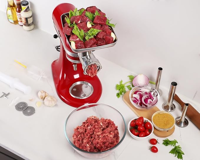 KINGEAGLE Stainless Steel Food Grinder Attachment for KitchenAid Stand Mixer, Durable Meat Grinder, Includes 3 Grinding Plates, 3 Sausage Stuffer Tubes, 2 Grinding Blades, Dishwasher Safe