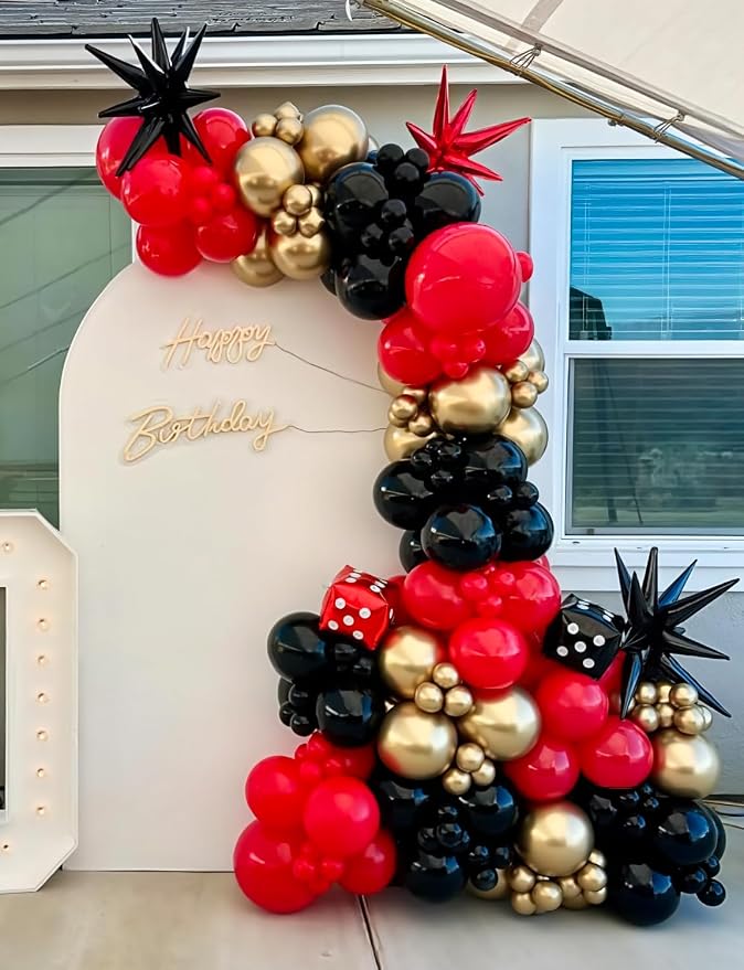 Red Black and Gold Balloons Arch Garland Kit – 131Pcs Latex Balloons with Foil Star Balloons for Birthday Hollywood Casino Movie Night New Year Party Decor