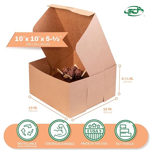 SCT Kraft One-Piece Non-Window Bakery Boxes, 10 x 10 x 5.5, Brown, Paper, 100/Carton