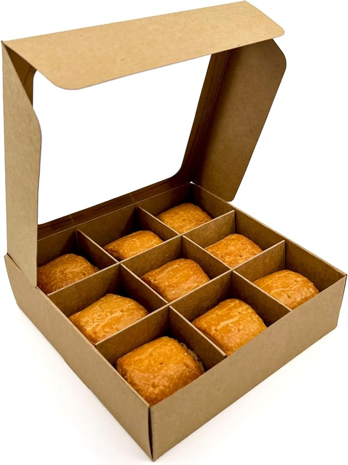 20pcs Kraft Treat Boxes with Window and Dividers | 9 SMALL compartments | 6.5 x 6.5x 1.9 in | Chocolate-covered strawberries supplies, macaron boxes, baked goods packaging