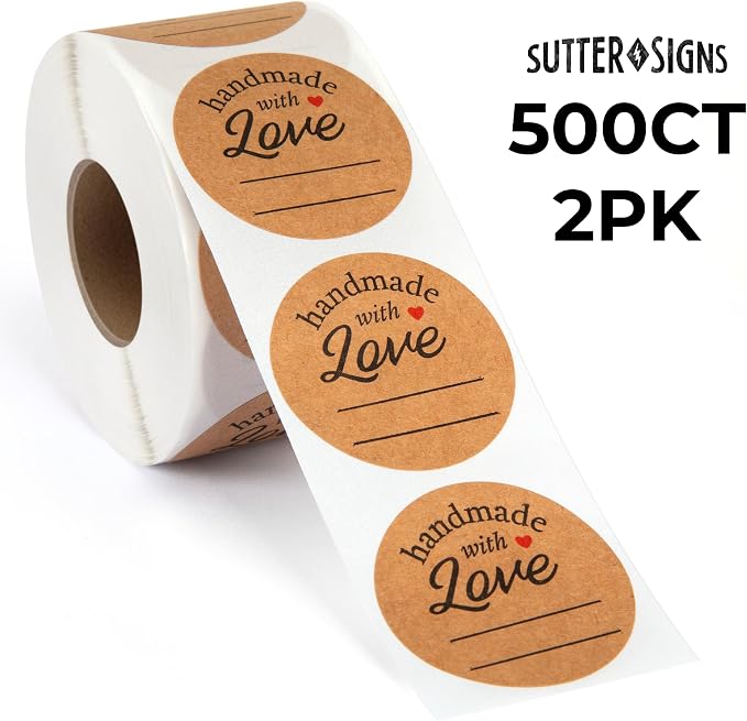 1000pcs Handmade with Love Stickers, 1.5" Diameter Kraft Handmade with Love Sticker Labels for Gifts, Crafts, Small Business, 500 Stickers per Roll (Pack of 2)