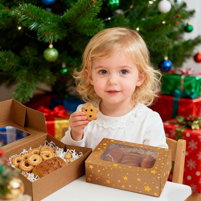24 Pack Christmas Cookie Boxes,Gold Star Bakery Boxes with Window (9x6x3 Inch),Sturdy Pastry Boxes for Baked Goods,Treat Box for Holiday Gift Exchange, Cookie Tins with Lids for Gift Giving