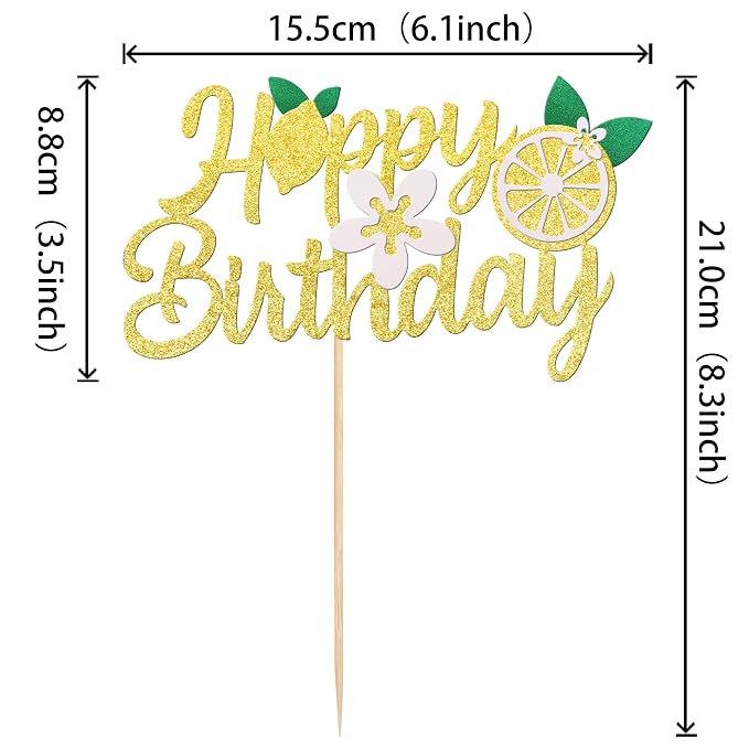 1 PCS Lemon Happy Birthday Cake Topper Assembled Glitter Fruit Theme Lemonade Party Cake Pick Decorations for Lemon Theme Baby Shower Kids Boys Girls Birthday Party Supplies