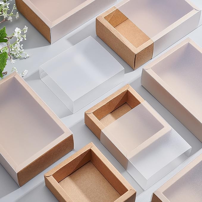 BENECREAT 12 Pack Kraft Paper Gift Boxes with PVC Frosted Cover 4x3.5x1.5 Inch Kraft Paper Drawer Box for Cake Cookie Candy Soap Snacks Weeding Party Favors, BurlyWood