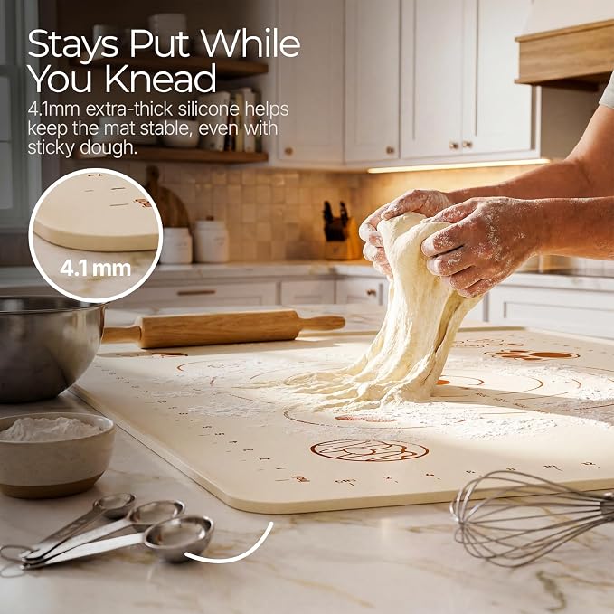 Silicone Baking Mat 28" x 20", Extra Thick Food Grade Liquid Silicone Non-Stick Dough & Pastry Rolling Mat with Measurements, Raised Edge, Reusable & Heat Resistant for Bread, Cookies, Pizza, Fondant