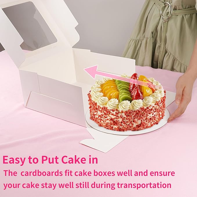 WINKIO Cake Boxes with Cake Boards, 4 Pack 10 Inch Cake Boxes with Window, Disposable Bakery Box for Cake Cookies Pies Cupcakes Pastry