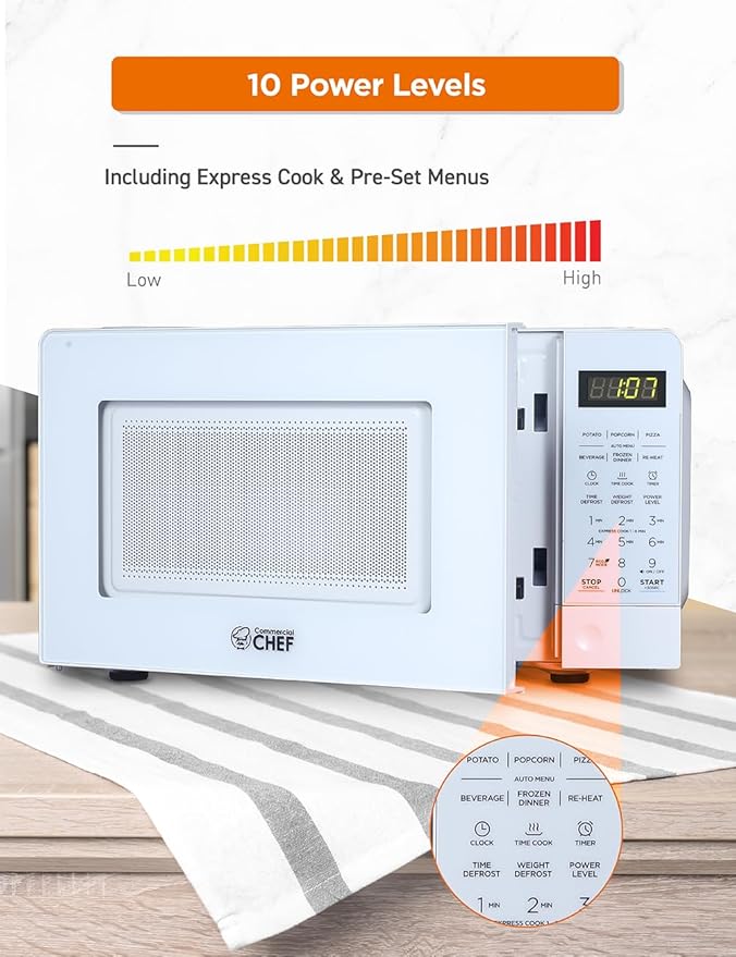 COMMERCIAL CHEF 0.7 Cubic Foot Microwave with 10 Power Levels, Small Microwave with Pull Handle, 700W Countertop up to 99 Minute Timer and Digital Display, White