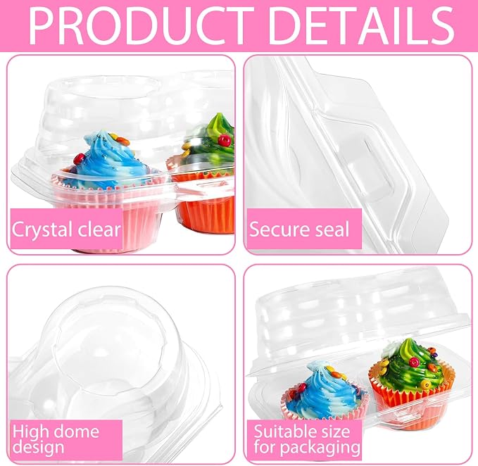 50 Pcs 2 Compartment Cupcake Containers with 150 Pcs Mini Baking Cups,2 Cavity Cupcake Boxes, Stackable Deep Dome Cupcakes Carrier Holder with Lid for Cupcakes Pies Muffins, BPA-Free