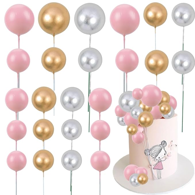 Gyufise 30Pcs Balls Cake Topper Foam Ball Cake Picks Mini Balloon DIY Cake Insert Topper Decoration for Baby Shower Wedding Anniversary Kids Birthday Party Cake Decorations Gold Silver Pink
