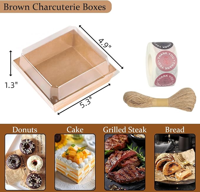 100 Pack Charcuterie Boxes with Clear Lids, 5 Inch Kraft To Go Paper Bakery Box with 500 Stickers, Jute Rope, Brown Disposable Dessert Container for Sandwich, Cookie, Cake Slice