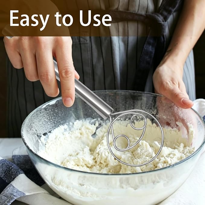 2 Pcs Danish Dough Whisk, 304 Stainless Steel Hook Dutch Hand Whisk for Sourdough Bread Wooden Handle Dough Mixer, Baking Supplies for Cake Pizza Kitchen Tools
