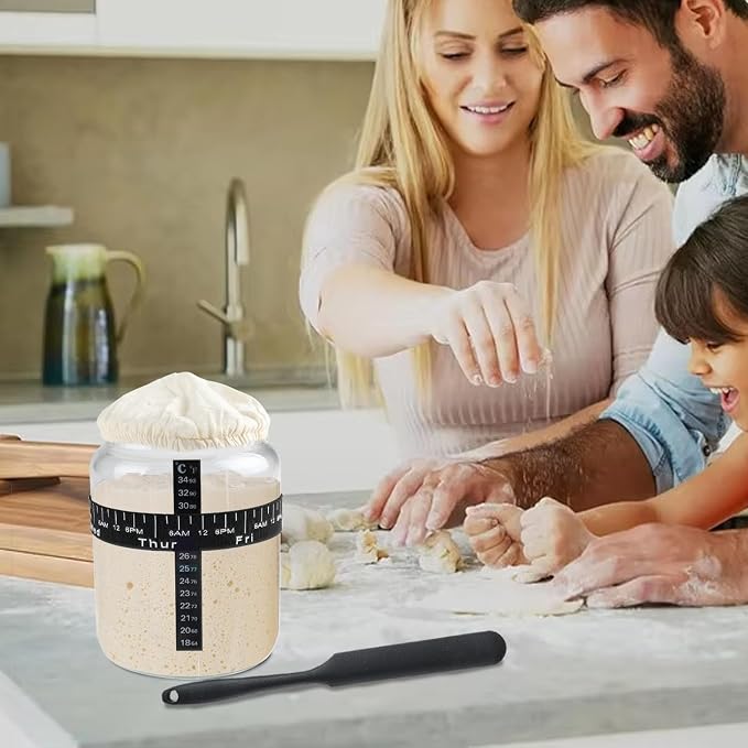 Sourdough Starter 45 Oz Jar Glass,Sourdough Bread Baking Supplies with Lids,Sour Dough Bread Starter Jar Kit with Date Marked Feeding Band,Thermometer,Silicone Scraper,Sewn Cloth Cover