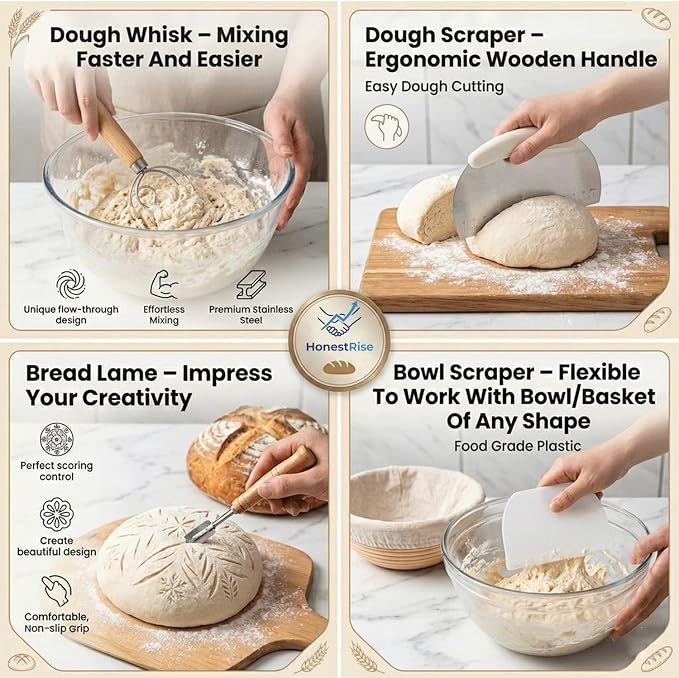 Sourdough Starter Kit with 9 Inch Round Banneton Proofing Basket & Starter Jar, Natural Rattan Bread Proofing Basket Set for Homemade Artisan Bread, Beginner Bread Making Supplies, Gift for Bakers