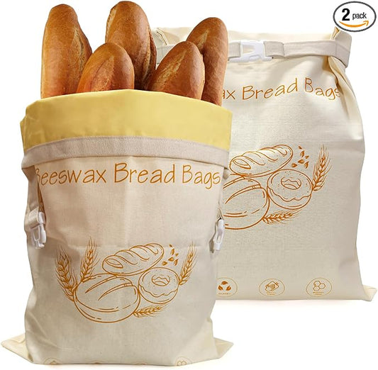 2-Pack Reusable Beeswax Bread Bags - Large 17x13 Inch for Sourdough & Homemade Bread Storage | All-Natural Beeswax Preservation, Eco-Friendly Cotton Food Bags - Easy to Clean & Daily Use