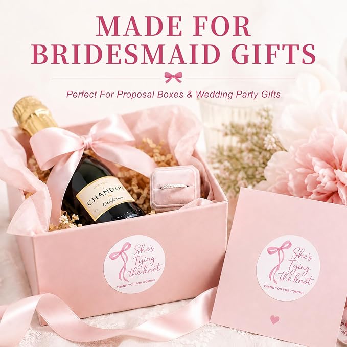 120 Bridal Shower Stickers, She's Tying the Knot Thank You Favor Stickers, Pink Bow Bride Sticker Labels for Bride to Be, Bridal Shower Favors, Gift Bags, Favor Boxes, Engagement Party, 1.6 Inch