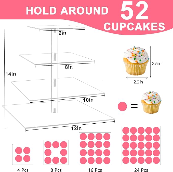 weddingwish 4 Tier Cupcake Stand, Clear Acrylic Cupcake Tower for 50 Cupcakes, Square Dessert Display Stand for Wedding,Birthday,Graduation