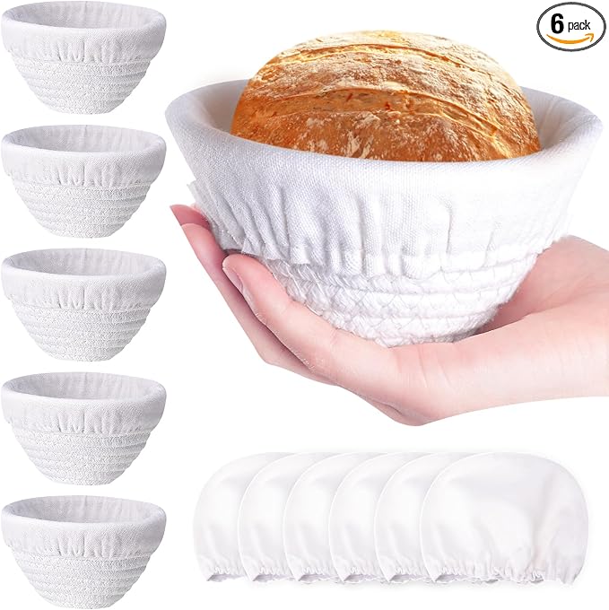 Honeydak 6 Pcs Cotton Rope Banneton Bread Proofing Basket Sets 5 Inch Round Sourdough Bowls Each Basket Comes with Two Liners for Artisan Sourdough Bread Making Handmade Kitchen Professionals