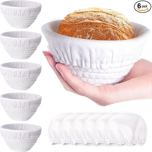 Honeydak 6 Pcs Cotton Rope Banneton Bread Proofing Basket Sets 5 Inch Round Sourdough Bowls Each Basket Comes with Two Liners for Artisan Sourdough Bread Making Handmade Kitchen Professionals