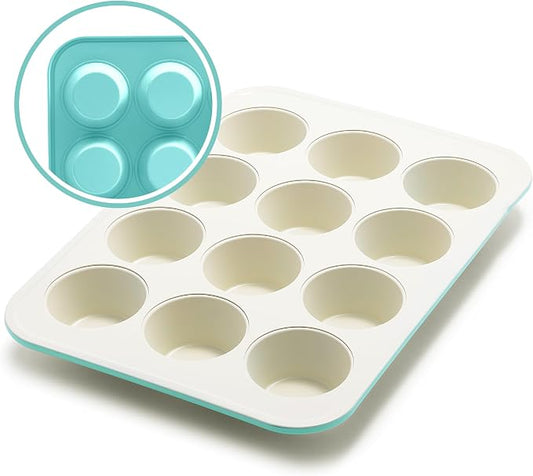 GreenLife 12-Cup Muffin Pan, PFAS-Free Healthy Nonstick Baking Tray, 11.4" x 1.9" x 15.9", Durable Ceramic Bakeware, Cupcakes, Egg Bites, Tarts, Brownies, Turquoise