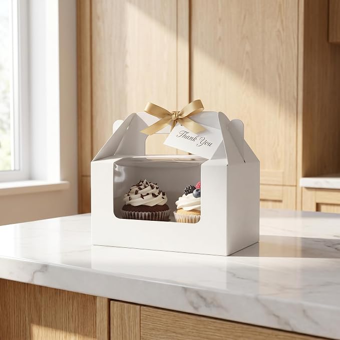 Jucoan 60 Pack 2 Count White Paper Cupcake Boxes with Insert, Handle and Window, Portable Cupcake Muffin Containers, Gable Bakery Gift Boxes Party Favor Treat Boxes for Wedding Birthday Father's Day