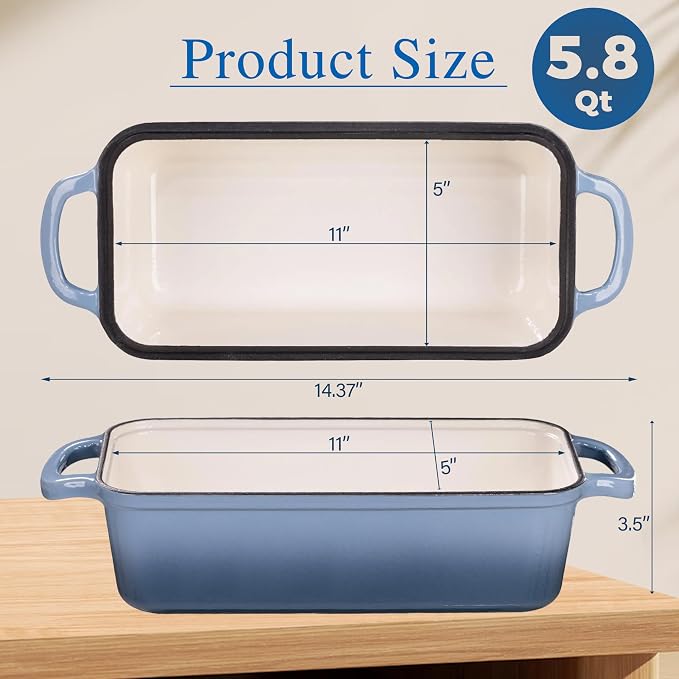 11x5 Inch Cast Iron Loaf Pan with Lid, Large Loaf Pans for Sourdough Bread Baking, Even Heat Distribution Dutch Oven Bread Pan for Homemade Bread, Meatloaf (5.8Qt, Seasalt)