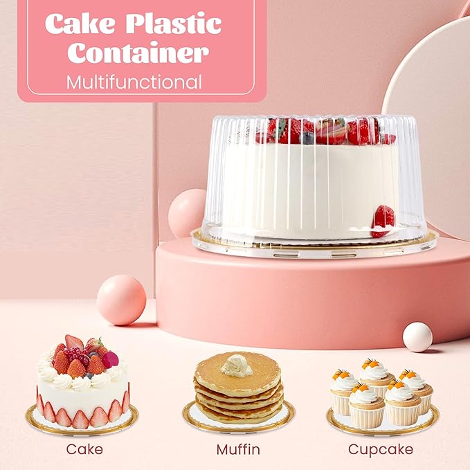 NPLUX 10 Inch Plastic Cake Carriers Gold Cake Containers with Lid and White Cake Boards, Clear Cupcake Holder for 1-2 Layer Cheesecake, Bakery Supplies, Graduation Gifts Party Favors(5 Pack)