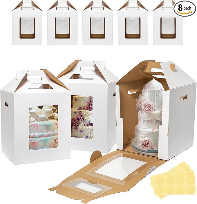 Wowxyz 8 Pack Tall Cake Boxes for Tier Cakes 10x10x12 Inch Disposable Layer Tall Baking Carrier with Window Large Tierd Bakery Take Out Transport Containers with Handle for Wedding, Birthday, Party