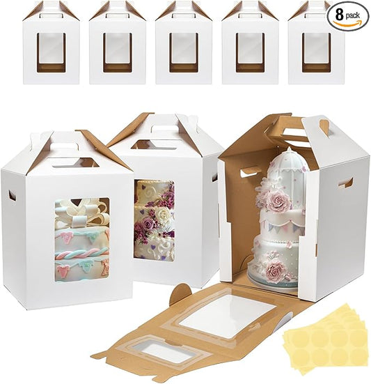 Wowxyz 8 Pack Tall Cake Boxes for Tier Cakes 12x12x14 Inch Disposable Layer Tall Baking Carrier with Window Large Tierd Bakery Take Out Transport Containers with Handle for Wedding, Birthday, Party