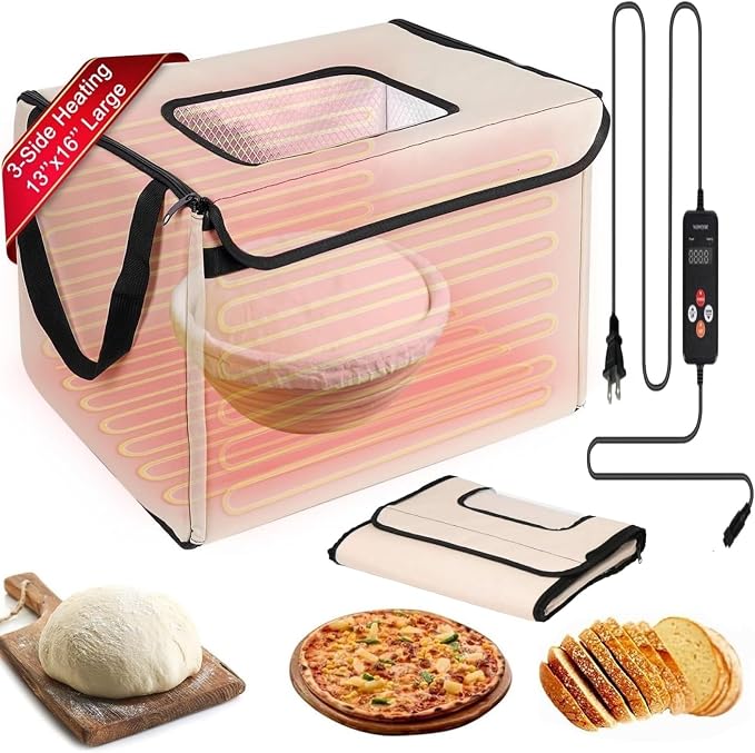 Folding Bread Proofing Box with Lid, Bread Proofer 3-Side Even Fever, Sourdough Starter Warmer for Pizza/Dough/Sour/Baking, 41-131℉ Temperature & 99 H Timer Control Proofing Container