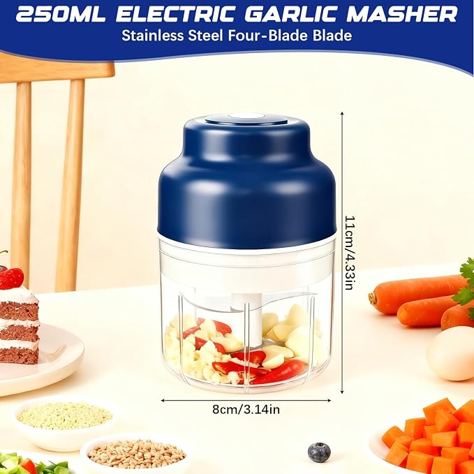 Electric Garlic Chopper,Upgrade Electric Mini Garlic Chopper Set,New Small Garlics Choppers Mincer,USB Rechargeable,Wireless Veggie Grinder,for Mashing Onion,Garlic,Chili,Ginger(Blue,250ML)