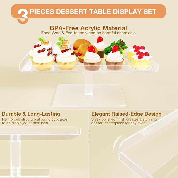Bakzon Dessert Cupcake Stand, 3 Set Acrylic Tiered Serving Tray for Dessert Table Display, Cup Cake Holder for Tea Party/Birthday/Wedding