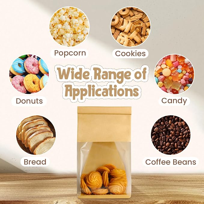 HONKID Cookie Bags with Seal, 50 Pack 3.9x3.1x8.2 Inches Small Bakery Bags with Window Tin Tie Tab Lock Resealable Cookie Gift Bags for Cookies Donut Baked Goods Packaging