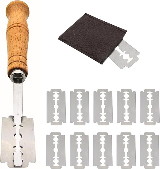 Gadgetime USA - Bread Lame with 10 Stainless Steel Blades - Sourdough Bread Scoring Tool - Artisan Cutter - Wooden Handle Baking Tools - With Leather Protector Cover