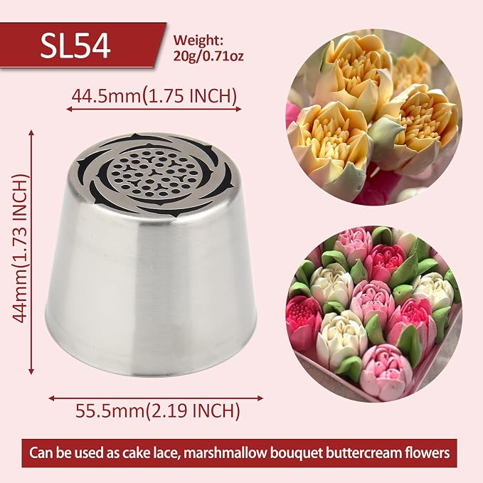 20-Piece Extra Large Flower Nozzle Set, Stainless Steel Rose Cotton Candy Flower Nozzle, Includes 6 Extra-Large, 2 Leaf Nozzles, 1 Brush, 10 Piping Bags, 1 Piping Bag Filling Aid Baking Tool