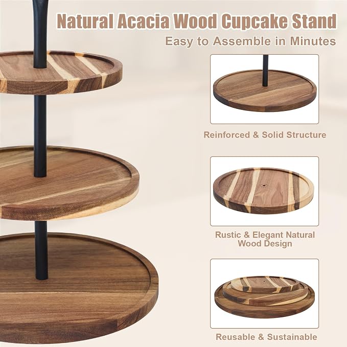 Cupcake Stand, Acacia Wood Cupcake Stand, Cupcake Display Stand, Cupcake Stands for Party, 3 Tier Cupcake Stand, Cup Cake Tower Stand for Birthday Anniversary Party Decoration