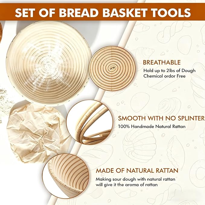 15 PCS Sourdough Bread Baking set, 9 in Rattan Basket Bread Proofer, Sourdough Fermentation Kit, Bread Making Tool Set, a Sourdough Baking Set Gift for Baking Enthusiasts, Women, Wives, and Mothers