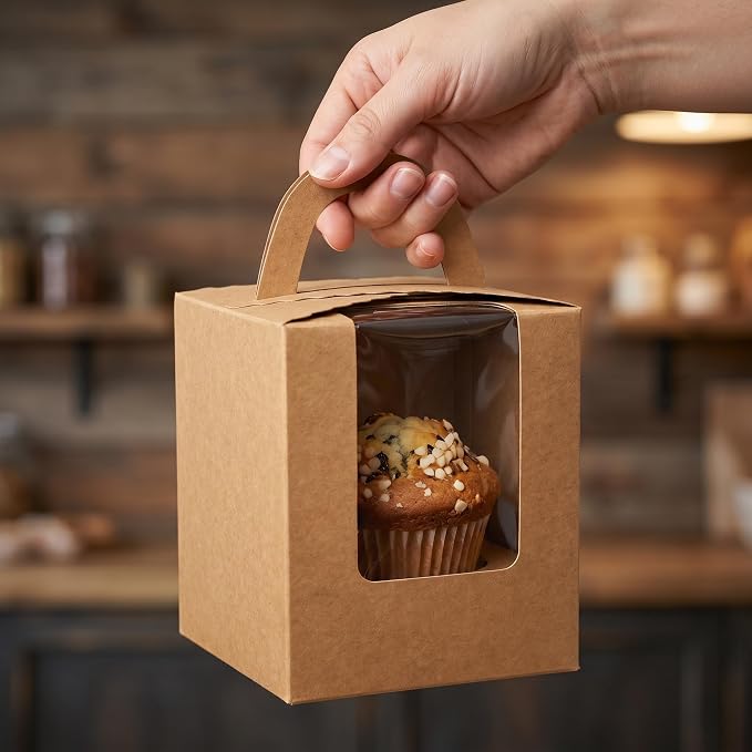 Jucoan 100 Pack Cupcake Box, Kraft Paper Individual Cupcake Container with Window and Handles, Bulk Single Cupcake Packaging Box for Muffin, Cocoa Bomb, Party Favor Pastry Treat Boxes