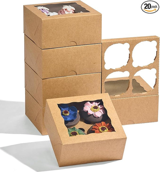 Cupcake Boxes 6.2x6.2x3 Inches 20 Pack with Window & 4 Cavity - Versatile Baking Containers for Cupcakes, Cookies & Treats | Holiday, Birthday & Bakery Supplies