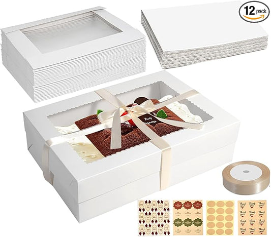 12pcs Cake Boxes with Cake Board, 14x10x4 Inches White Bakery Boxes with Large Window for Quarter Sheet Cakes, Donuts, Cupcakes, Pastry & Pies