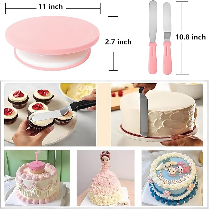 ANSLYQA Cake Decorating Kit, 298 Pcs Baking Tools (Pink) | Cake Turntable, Leveler, 24 Numbered Icing Tips, 2 Spatulas, 8 Carved Pens, 100 Pastry Bags, 100 Cupcake Liners & More