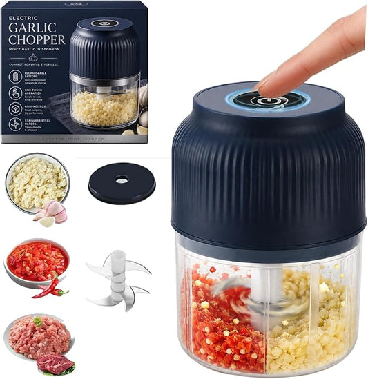 Electric Garlic Chopper, Mini Cordless Food Processor with 6 Stainless Steel Blades, USB Rechargeable Vegetable Mincer for Garlic, Onion, Ginger, Chili, Nuts, Meat & Meal Prep，Blue：4Blades