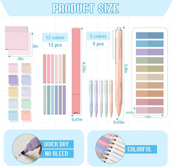 Jutom 39 Pcs Aesthetic Book Annotation Kit Highlighter with Case Bag Gel Pen Transparent Sticky Note Taking Bible Supplies(Blue,Kawaii Style)